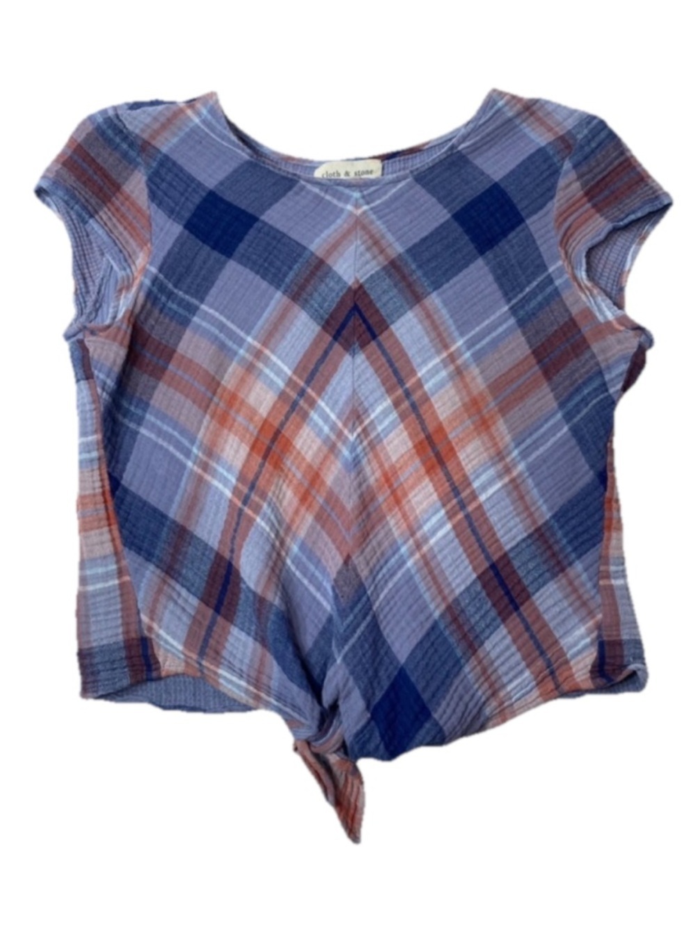 Cloth & Stone Blue & Orange Plaid Tie-Front Short Sleeve Shirt Cotton Size XS